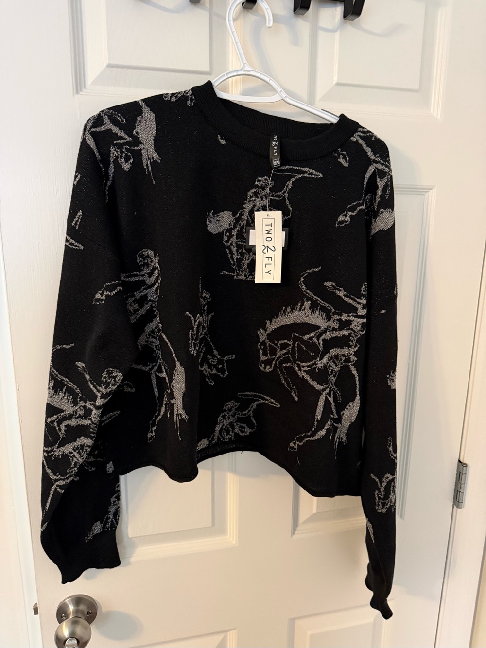 Two2Fly Black Crewneck Sweater with Gray Rodeo Pattern